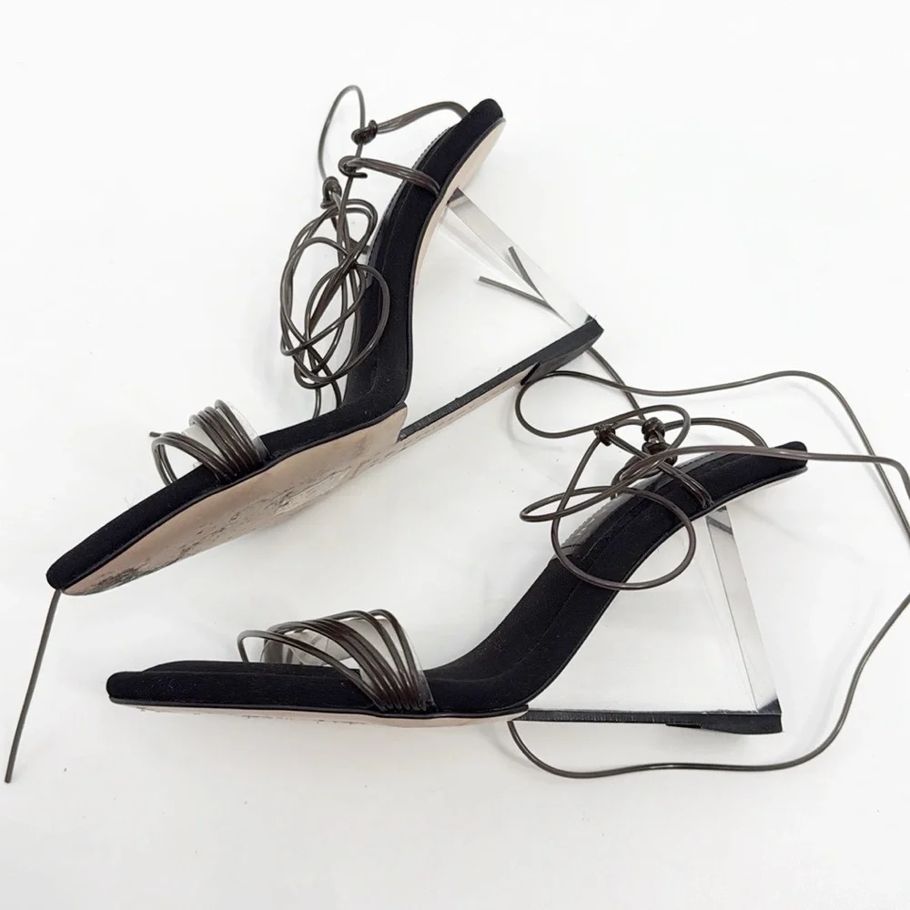 Good American Clear Wedge Ankle Strap Sandals Neoprene GA080N-E BLACK001 Size 4